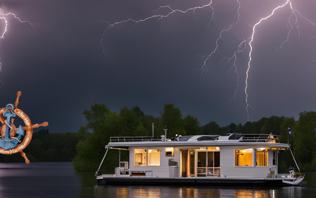 Dale Hollow Lake in thunderstorm with a houseboat on the lake